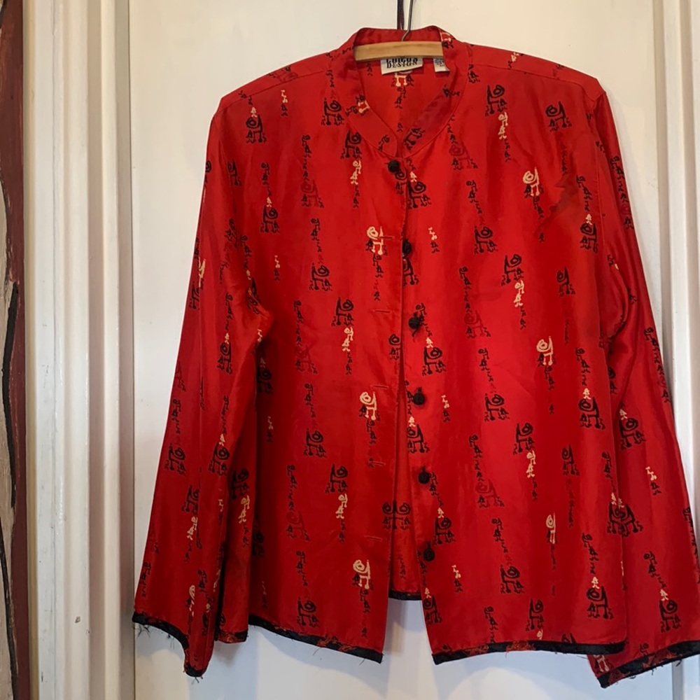 Blouse, Chinese design, red with black trim